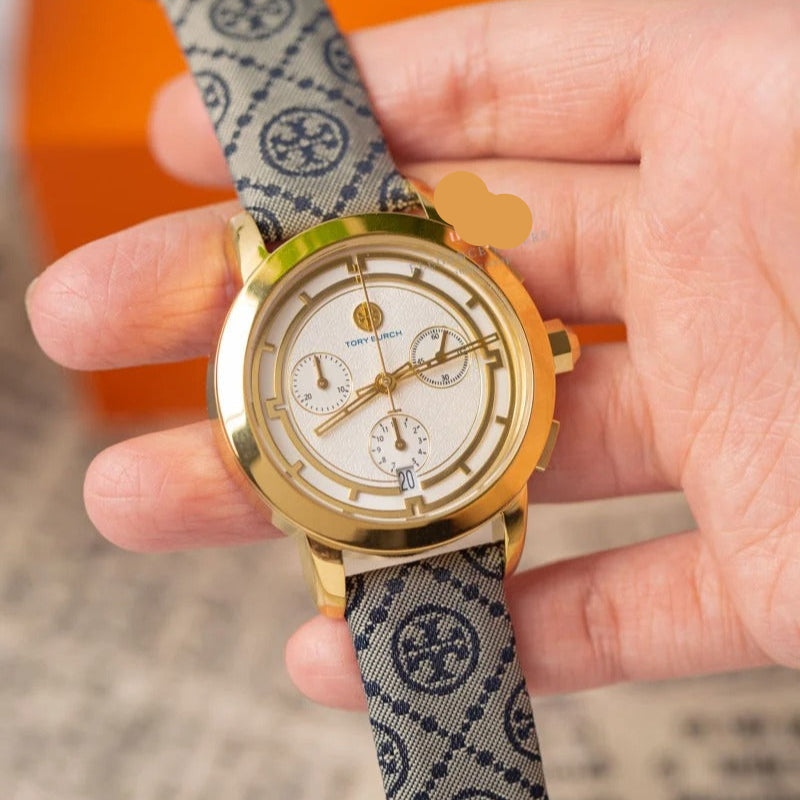 Tory Burch Classic Chronograph White Dial Grey Nylon Strap Watch for Women - TBW1035