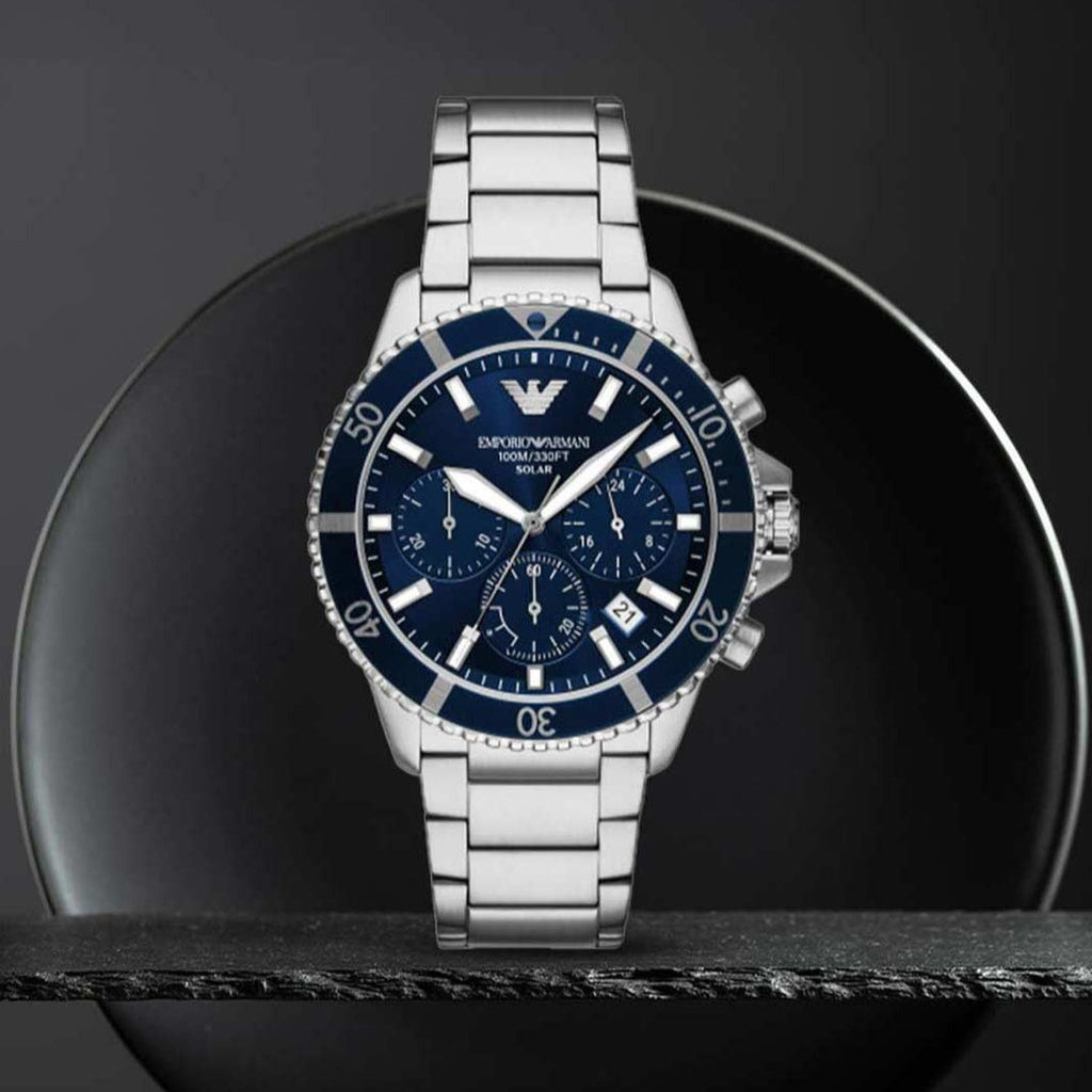 Emporio Armani World Explorer Chronograph Blue Dial Silver Steel Strap Watch for Men - AR11681
