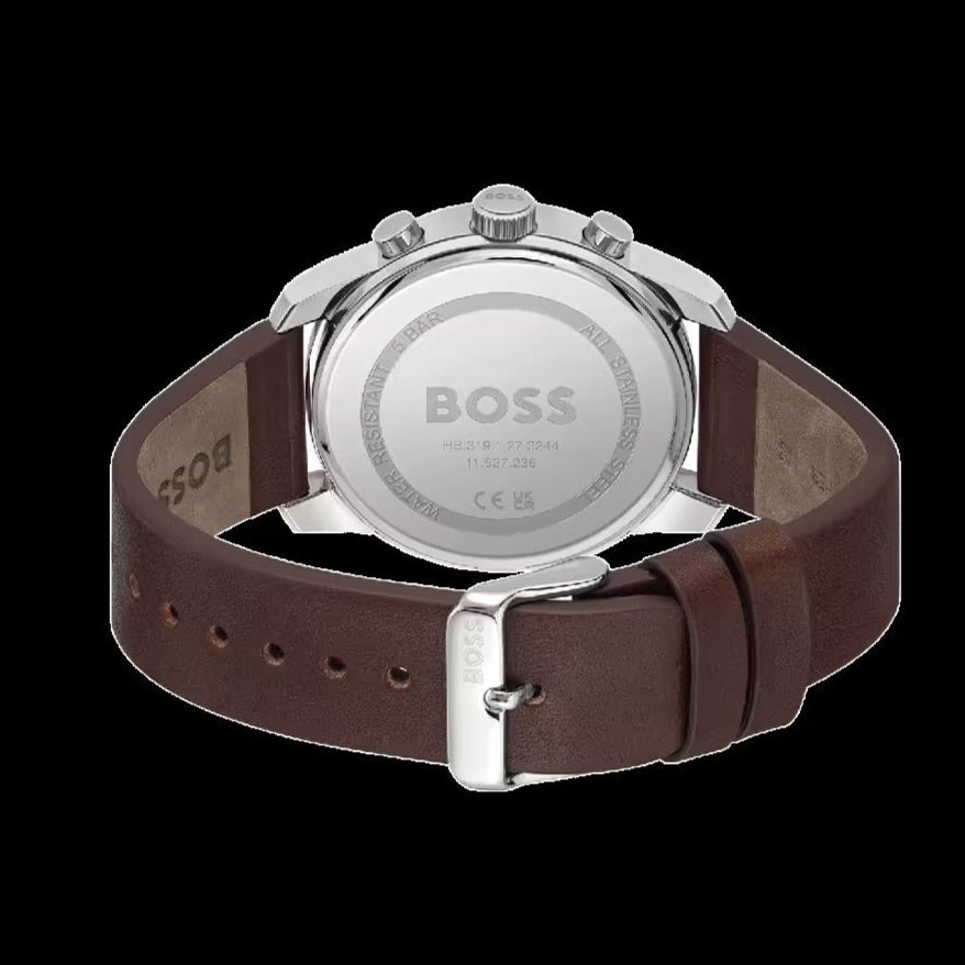 Hugo Boss Trace Chronograph Blue Dial Brown Leather Strap Watch for Men - 1514002