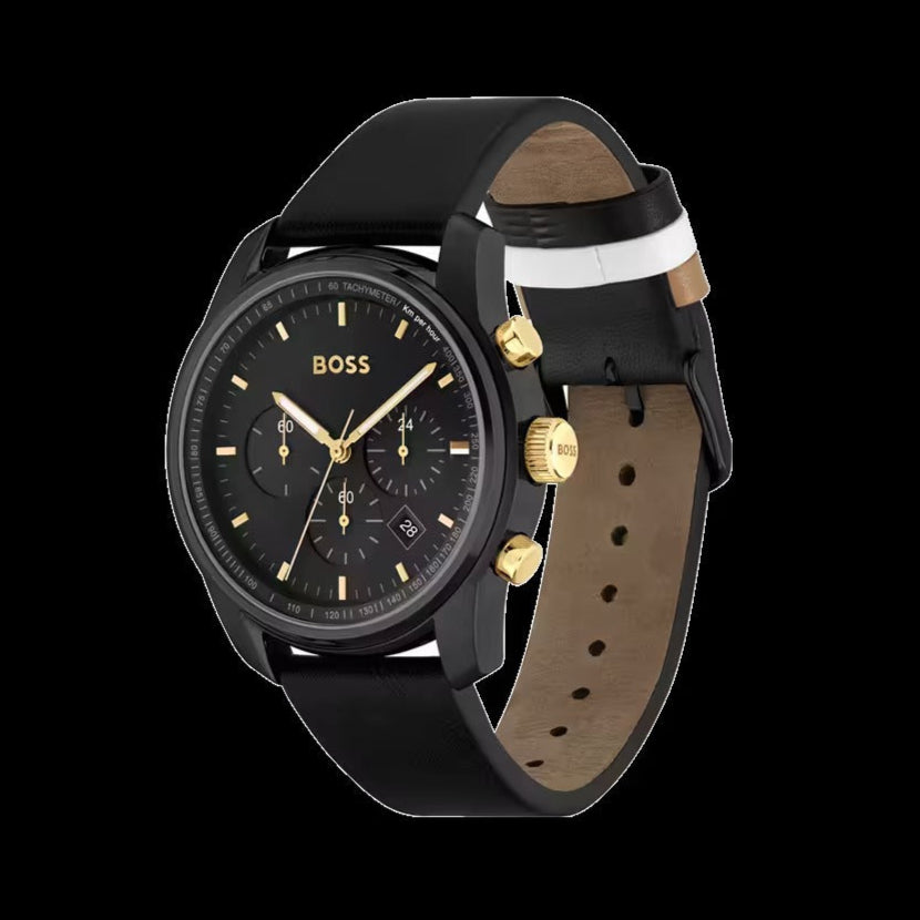 Hugo Boss Trace Chronograph Black Dial Black Leather Strap Watch for Men - 1514003