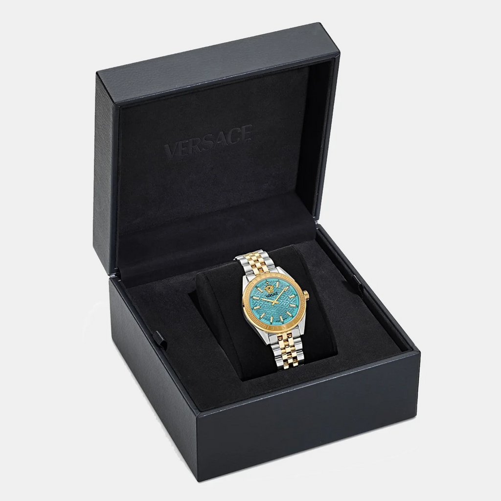 Versace V-Code Analog Turquoise Dial Two Tone Steel Strap Watch for Women - VE8I00524