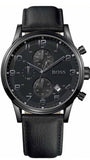 Hugo Boss Aeroliner Chronograph Black Dial Black Leather Strap Watch for Men - 1512567