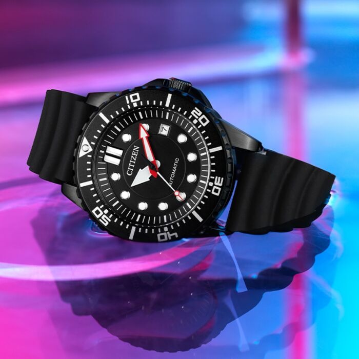 Citizen Mechanical Automatic Black Dial Black Rubber Strap Watch for Men - NJ0125-11E