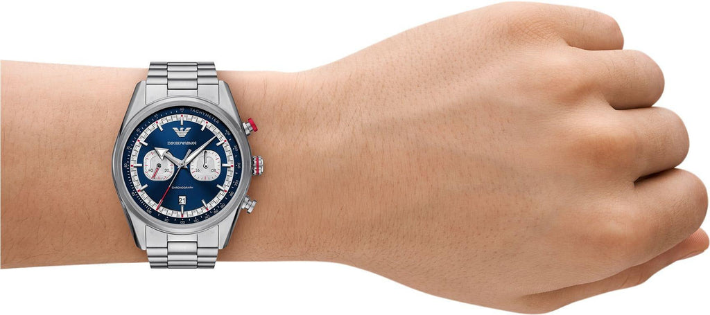 Emporio Armani Racer Chronograph Blue Dial Silver Steel Strap Watch for Men - AR11676