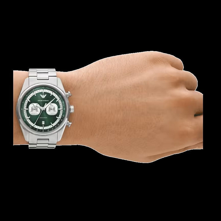 Emporio Armani Racer Chronograph Green Dial Silver Steel Strap Watch for Men - AR11637
