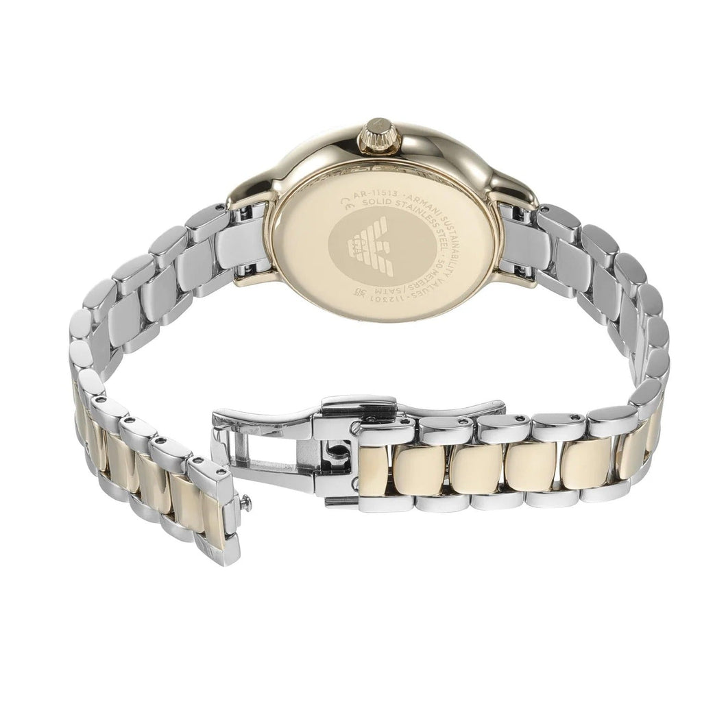 Emporio Armani Cleo Three Hand Mother of Pearl Dial Two Tone Steel Strap Watch for Women - AR11513