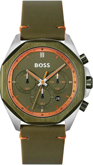 Hugo Boss Cloud Chronograph Olive Green Dial Green Leather Strap Watch for Men - 1514018