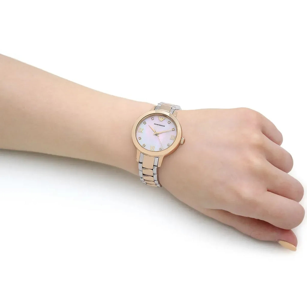 Emporio Armani Cleo Three Hand Mother of Pearl Dial Two Tone Steel Strap Watch for Women - AR11513