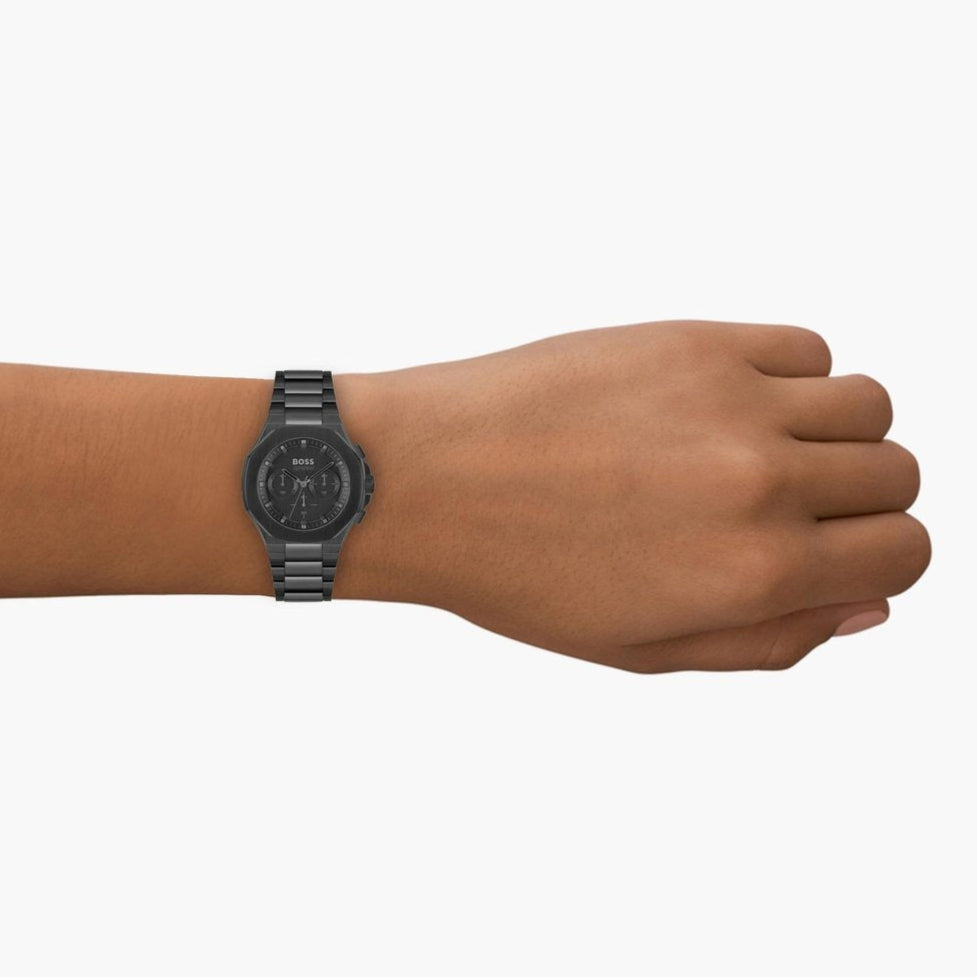 Hugo Boss Taper Chronograph Black Dial Black Steel Strap Watch for Men - 1514088