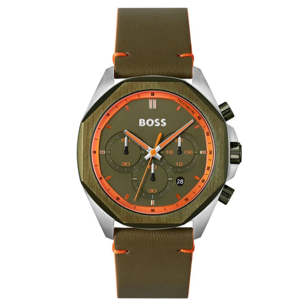 Hugo Boss Cloud Chronograph Olive Green Dial Green Leather Strap Watch for Men - 1514018