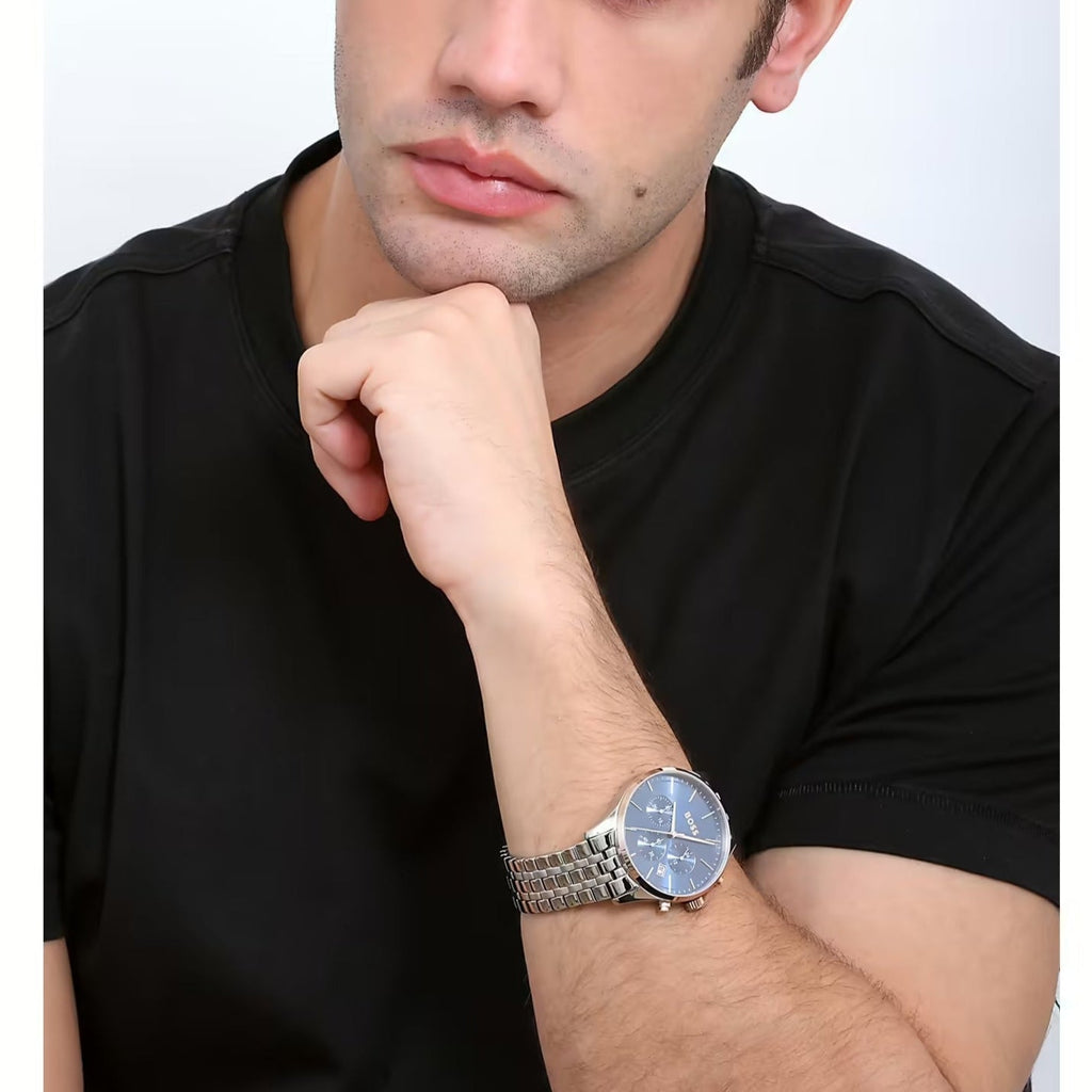 Hugo Boss Avery Chronograph Blue Dial Silver Steel Strap Watch for Men - 1514158