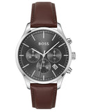 Hugo Boss Avery Chronograph Grey Dial Brown Leather Strap Watch for Men - 1514155