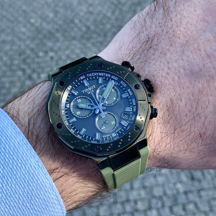 Tissot T Race Chronograph Black Dial Green Rubber Strap Watch for Men - T141.417.37.061.02