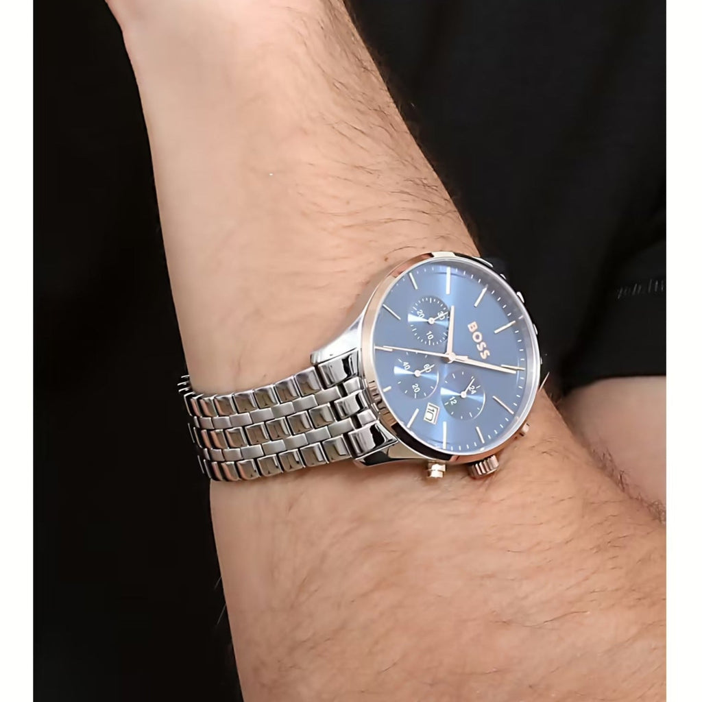 Hugo Boss Avery Chronograph Blue Dial Silver Steel Strap Watch for Men - 1514158