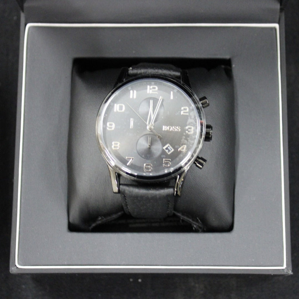 Hugo Boss Aeroliner Chronograph Black Dial Black Leather Strap Watch for Men - 1512567