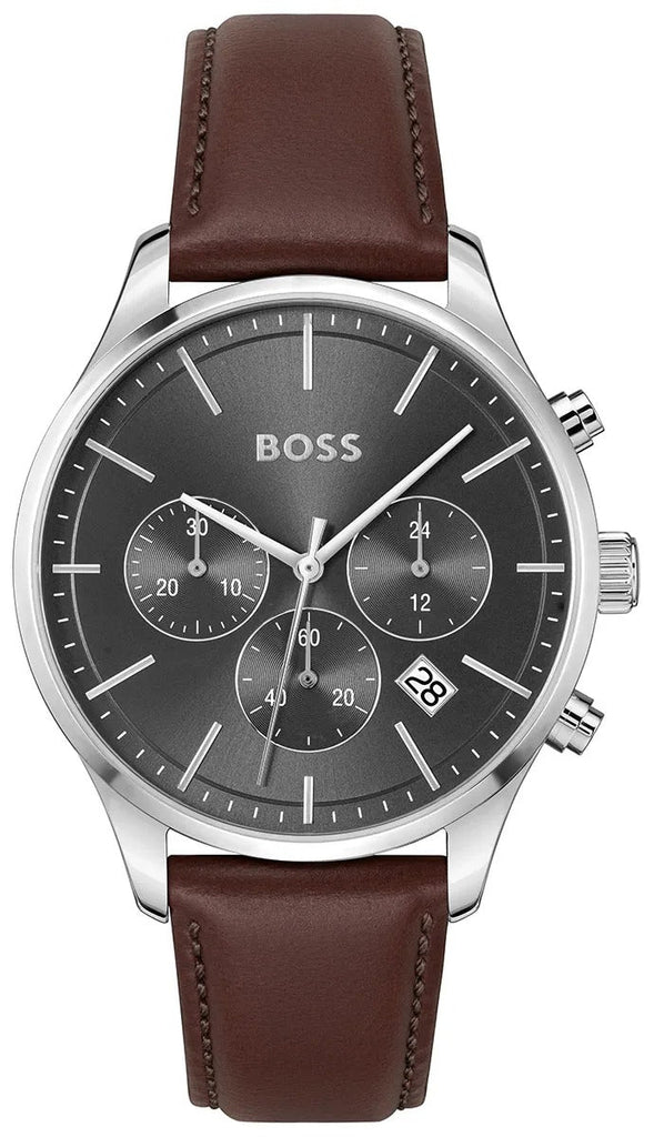 Hugo Boss Avery Chronograph Grey Dial Brown Leather Strap Watch for Men - 1514155