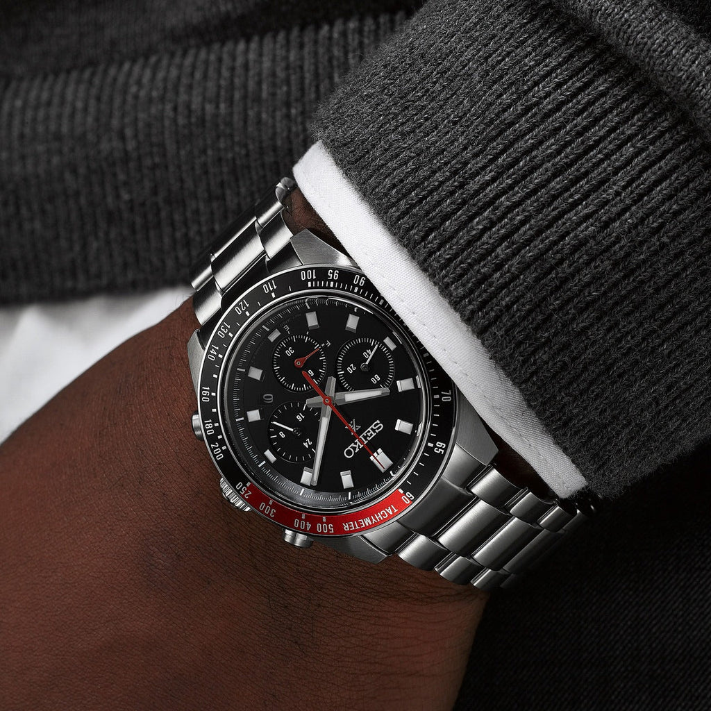 Seiko Prospex Speedtimer Solar Chronograph Black Dial Silver Steel Strap Watch for Men - SSC915