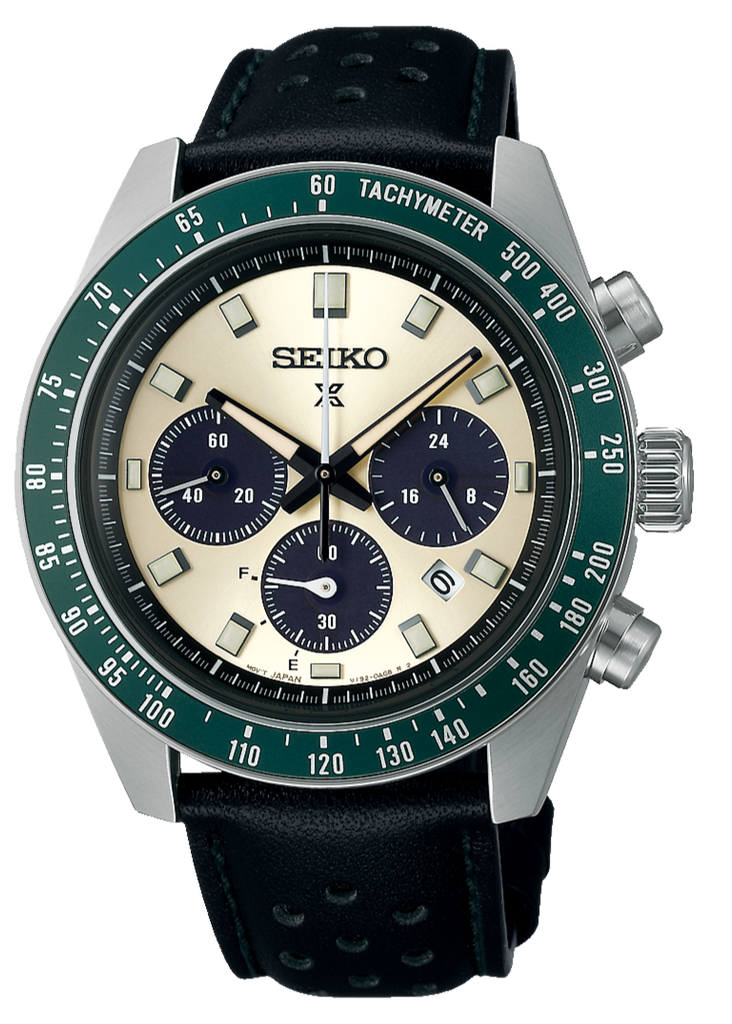 Seiko Prospex Speedtimer Solar Chronograph Ivory Dial Black Leather Strap Watch for Men - SSC943