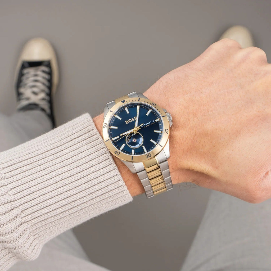 Hugo Boss Troper Chronograph Automatic Blue Dial Two Tone Steel Strap Watch for Men - 1514201