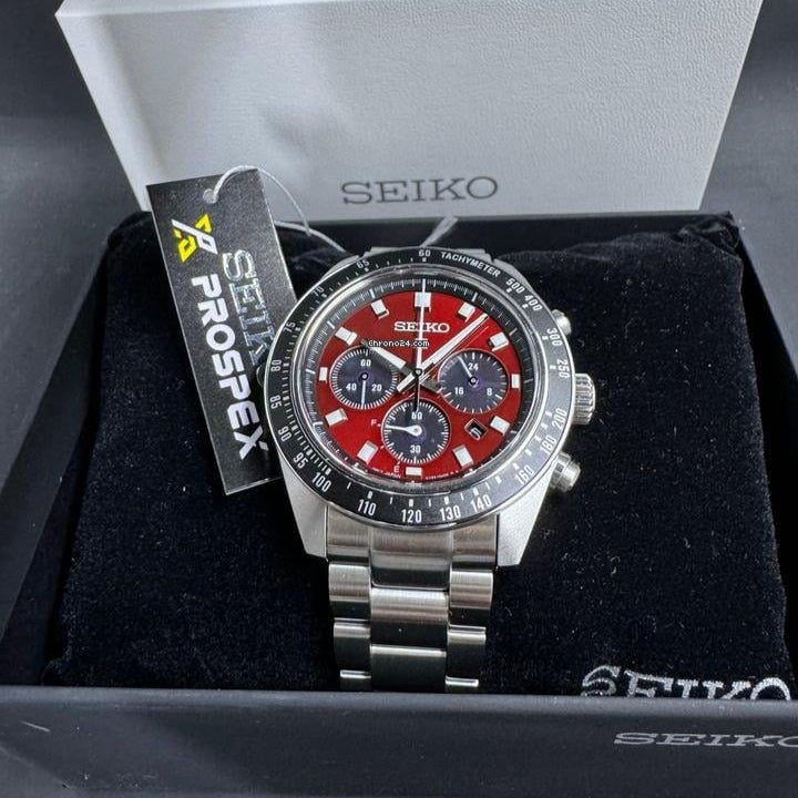 Seiko Prospex US Special Edition Speedtimer Solar Chronograph Red Dial Silver Steel Strap Watch for Men - SSC927