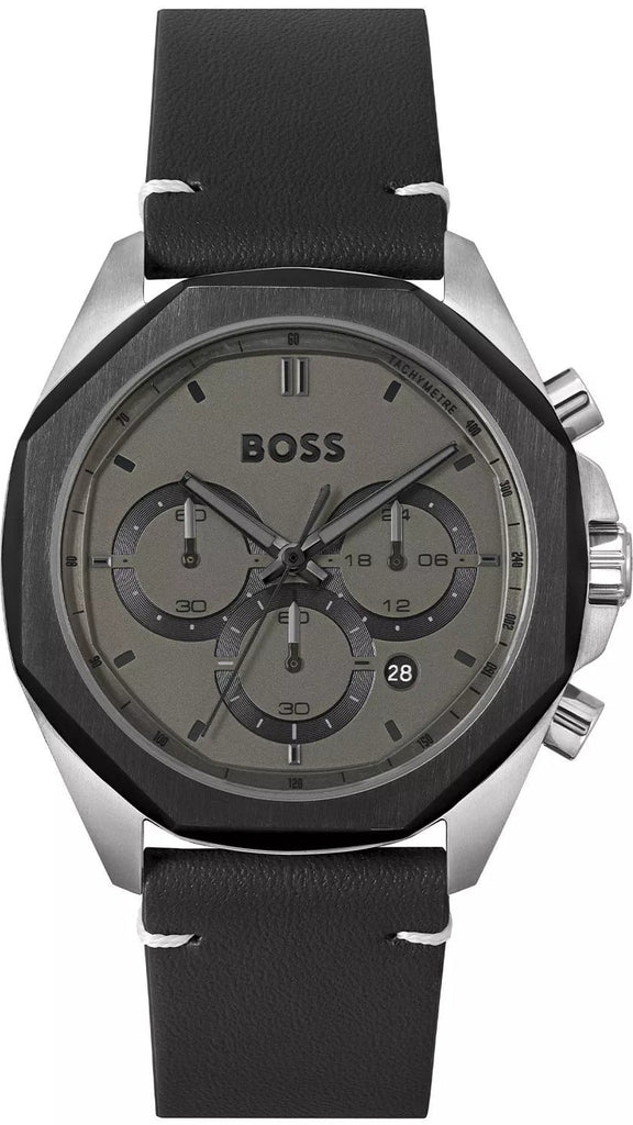 Hugo Boss Cloud Chronograph Grey Dial Black Leather Strap Watch for Men - 1514014