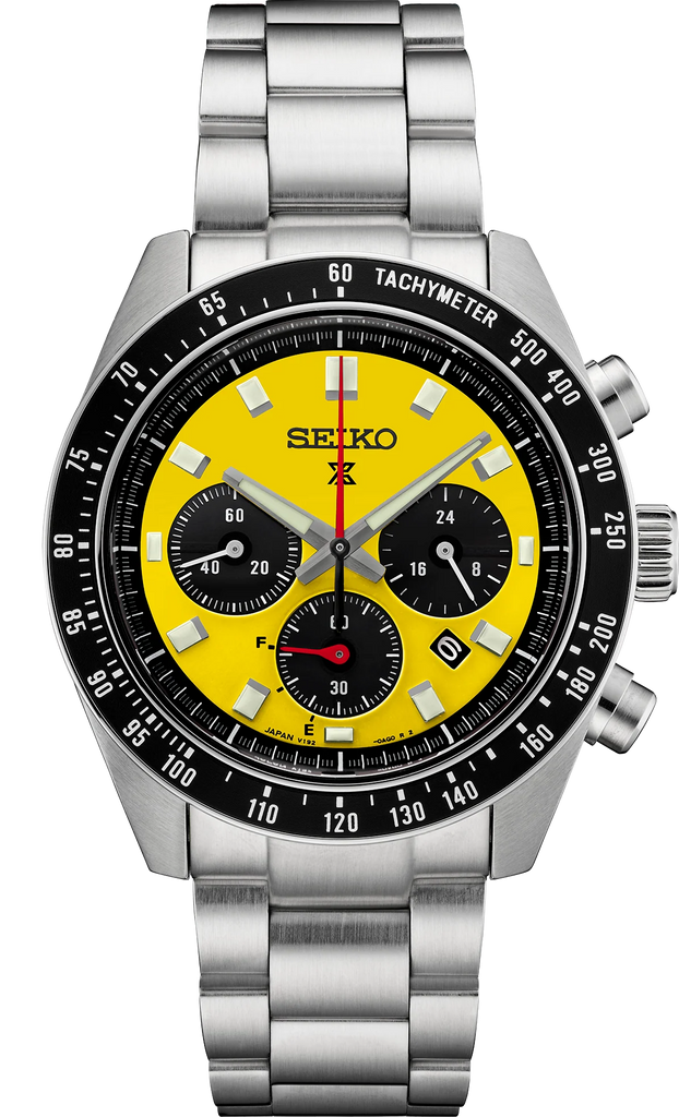 Seiko Prospex Speedtimer Solar Chronograph Yellow Dial Silver Steel Strap Watch for Men - SSC929