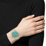 Versace V-Code Analog Turquoise Dial Two Tone Steel Strap Watch for Women - VE8I00524