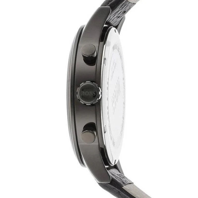 Hugo Boss Aeroliner Chronograph Black Dial Black Leather Strap Watch for Men - 1512567