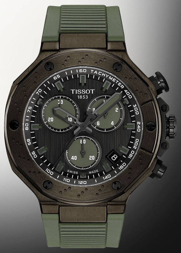 Tissot T Race Chronograph Black Dial Green Rubber Strap Watch for Men - T141.417.37.061.02