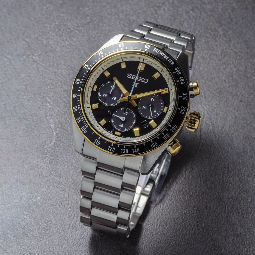 Seiko Prospex Speedtimer Solar Chronograph Black Dial Silver Steel Strap Watch for Men - SSC941