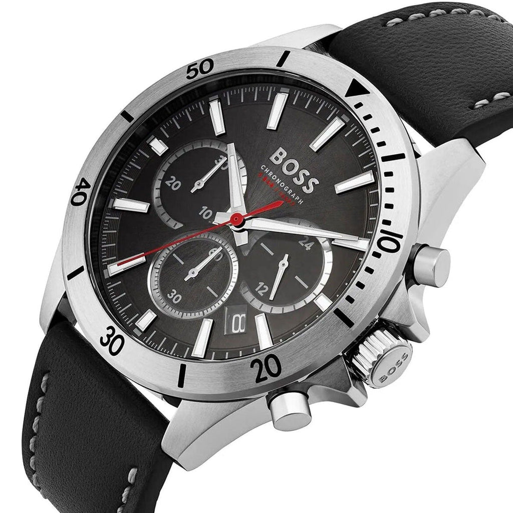Hugo Boss Troper Chronograph Black Dial Black Leather Strap Watch for Men - 1514055