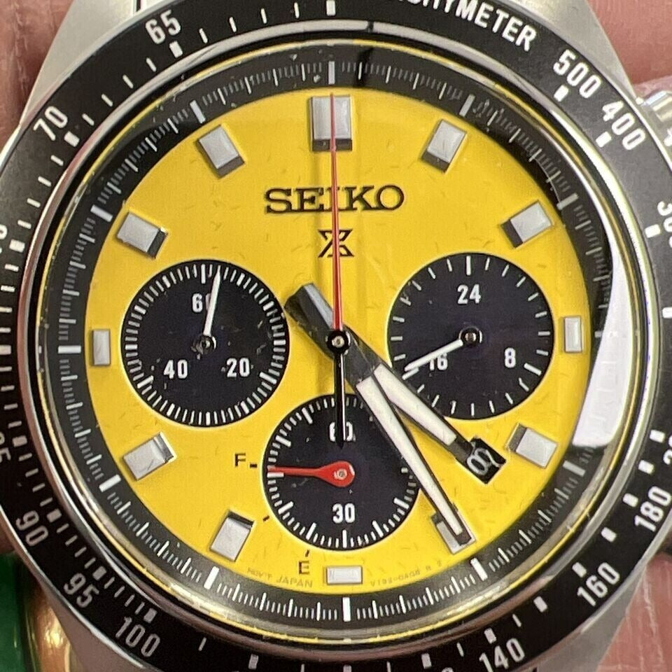 Seiko Prospex Speedtimer Solar Chronograph Yellow Dial Silver Steel Strap Watch for Men - SSC929