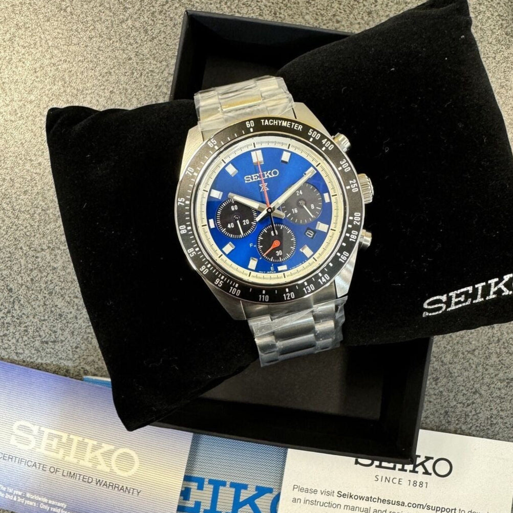 Seiko Speedtimer Solar US Special Edition Blue Dial Silver Steel Strap Watch for Men - SSC931