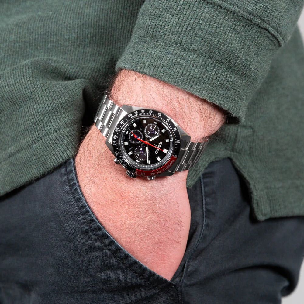 Seiko Prospex Speedtimer Solar Chronograph Black Dial Silver Steel Strap Watch for Men - SSC915