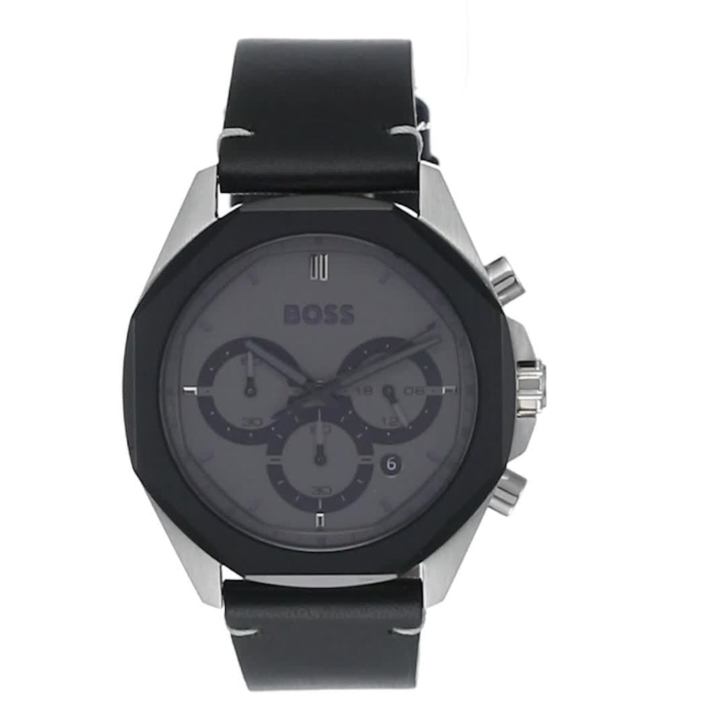 Hugo Boss Cloud Chronograph Grey Dial Black Leather Strap Watch for Men - 1514014