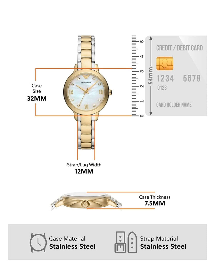 Emporio Armani Cleo Three Hand Mother of Pearl Dial Two Tone Steel Strap Watch for Women - AR11513