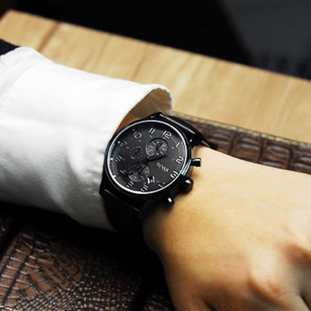 Hugo Boss Aeroliner Chronograph Black Dial Black Leather Strap Watch for Men - 1512567