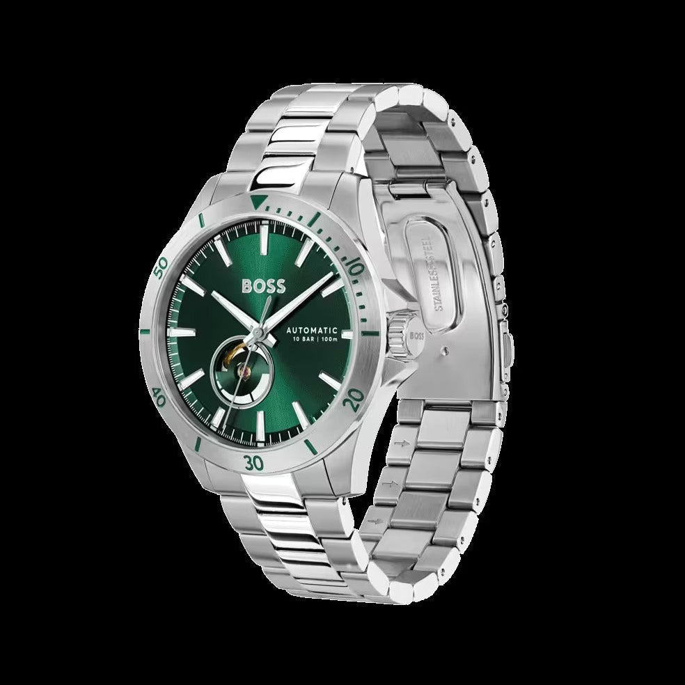 Hugo Boss Troper Automatic Chronograph Green Dial Silver Steel Strap Watch for Men - 1514200
