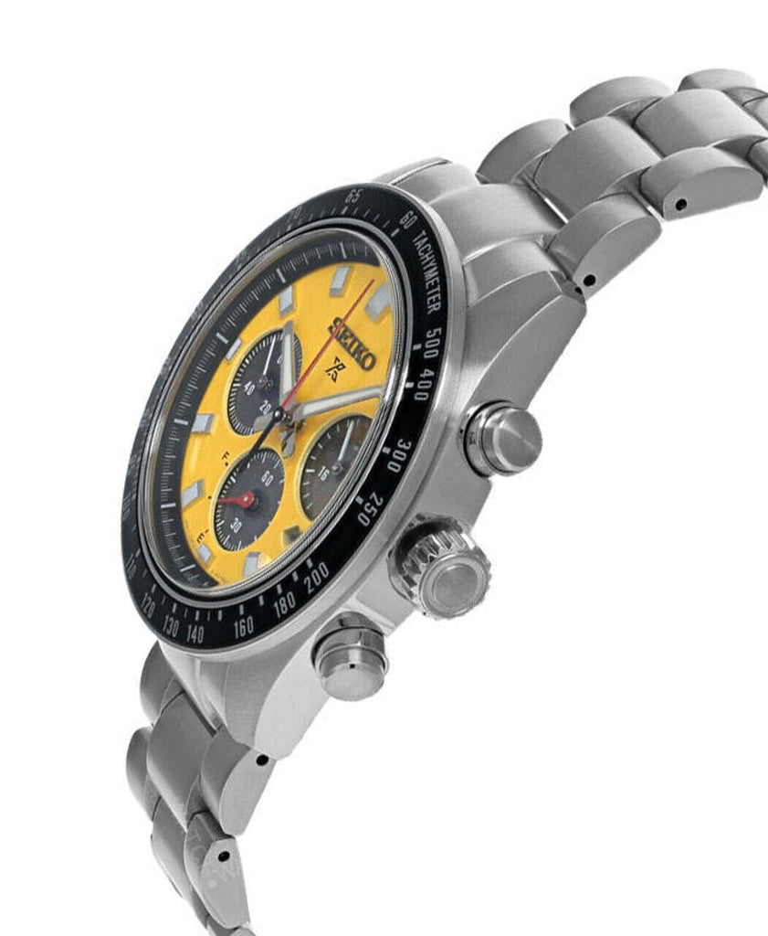 Seiko Prospex Speedtimer Solar Chronograph Yellow Dial Silver Steel Strap Watch for Men - SSC929