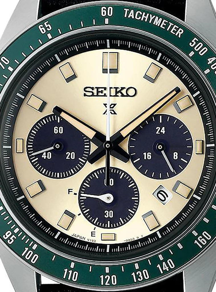 Seiko Prospex Speedtimer Solar Chronograph Ivory Dial Black Leather Strap Watch for Men - SSC943