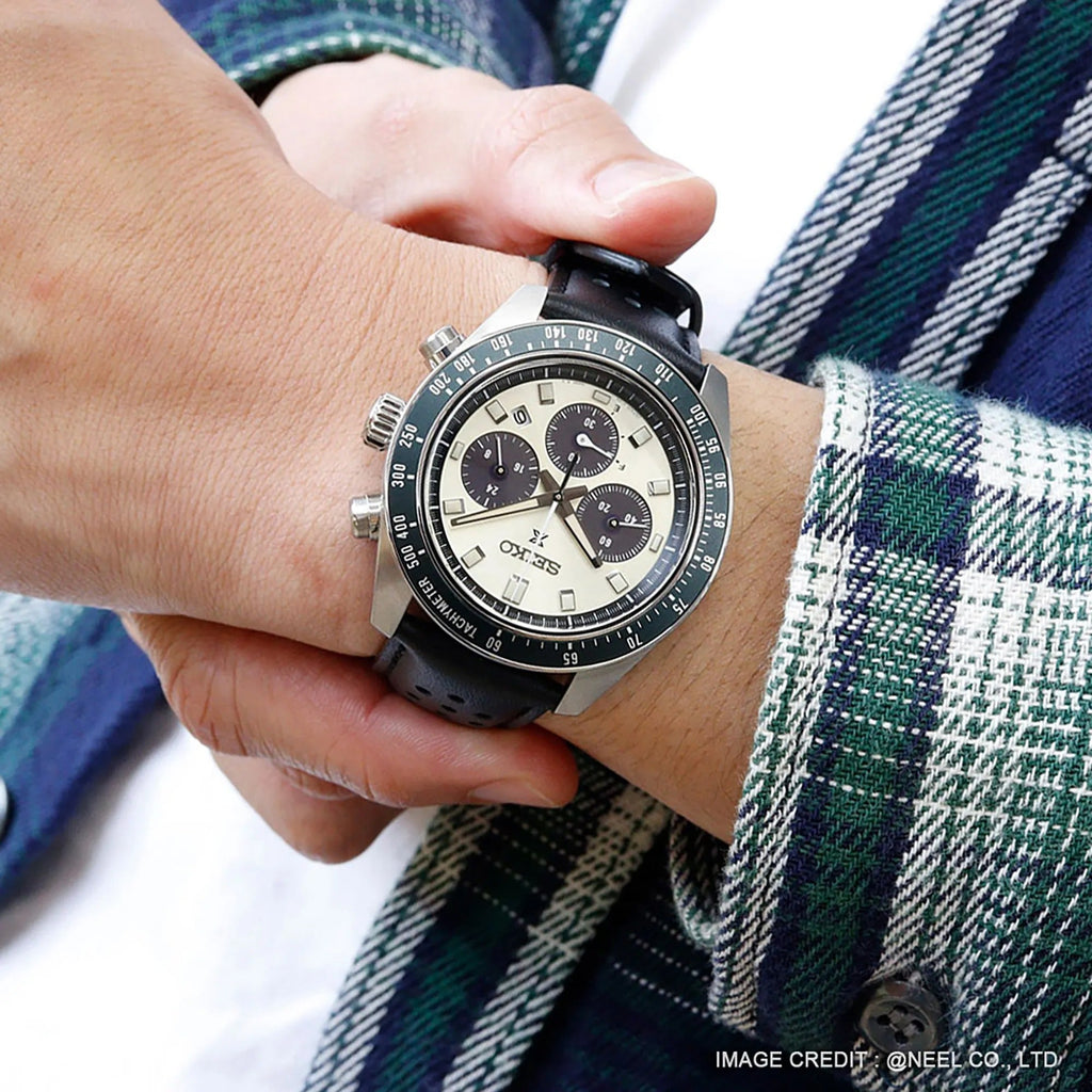 Seiko Prospex Speedtimer Solar Chronograph Ivory Dial Black Leather Strap Watch for Men - SSC943