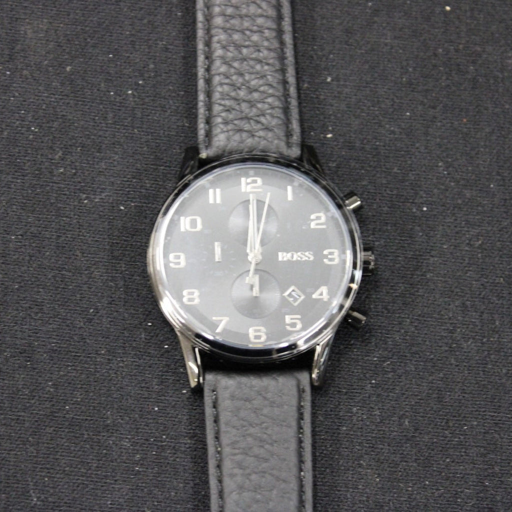 Hugo Boss Aeroliner Chronograph Black Dial Black Leather Strap Watch for Men - 1512567