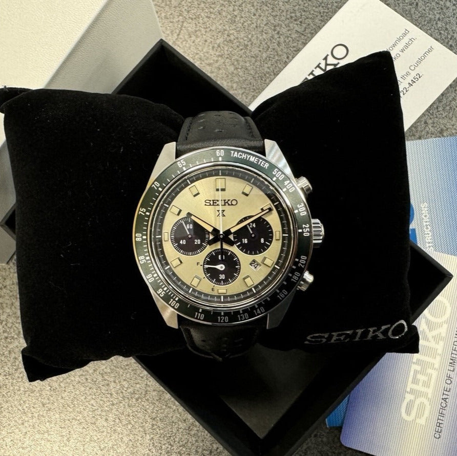 Seiko Prospex Speedtimer Solar Chronograph Ivory Dial Black Leather Strap Watch for Men - SSC943