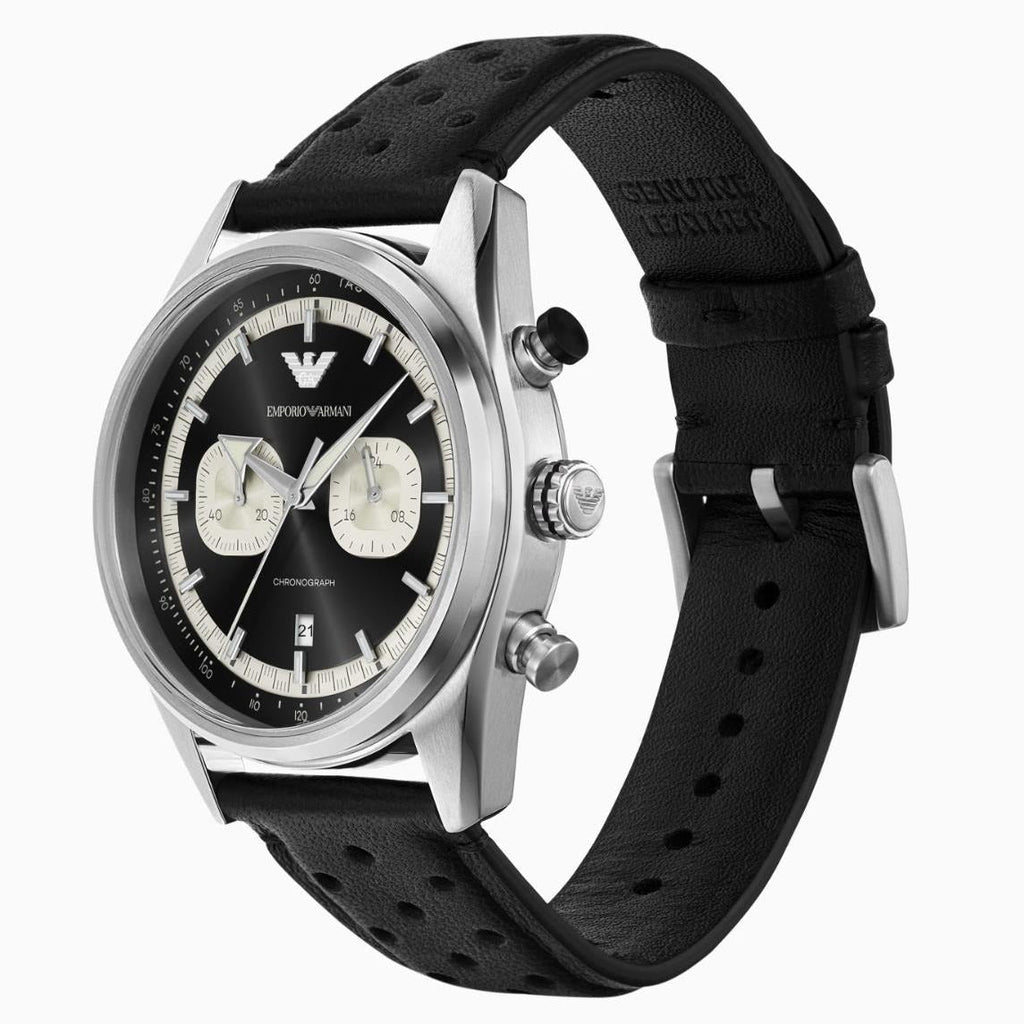 Emporio Armani Racer Chronograph Black Dial Black Leather Strap Watch for Men - AR11635