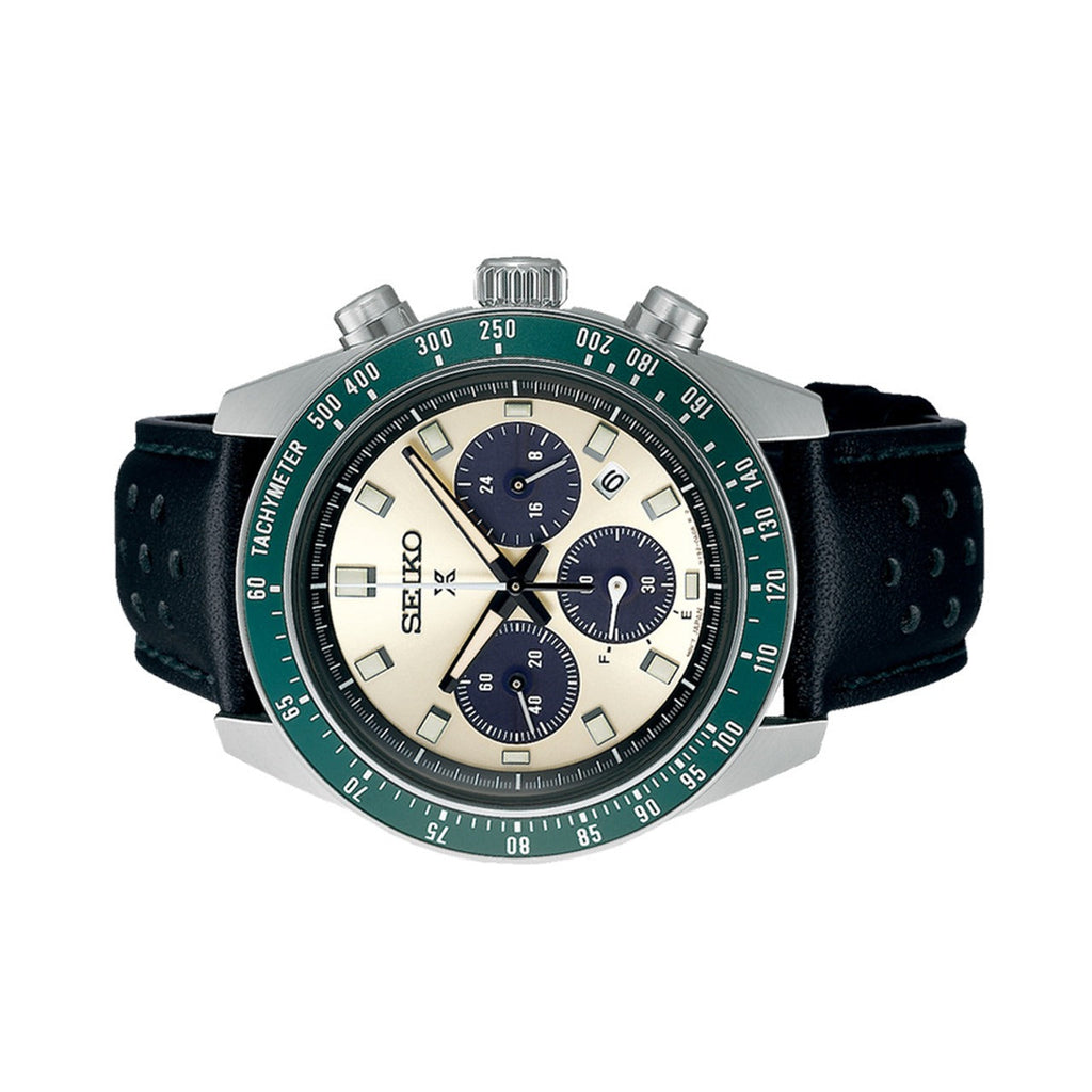 Seiko Prospex Speedtimer Solar Chronograph Ivory Dial Black Leather Strap Watch for Men - SSC943