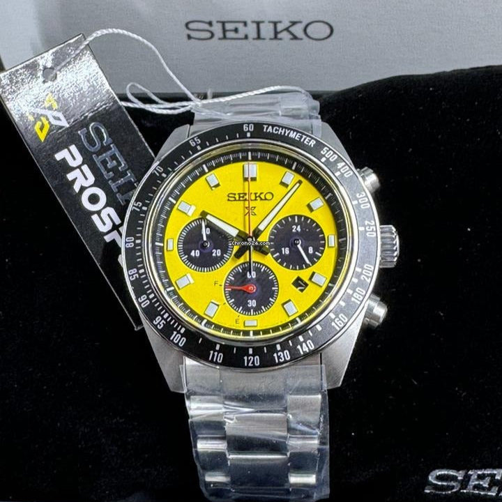 Seiko Prospex Speedtimer Solar Chronograph Yellow Dial Silver Steel Strap Watch for Men - SSC929