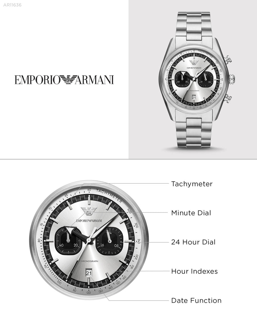 Emporio Armani Racer Chronograph Silver Dial Silver Steel Strap Watch for Men - AR11636
