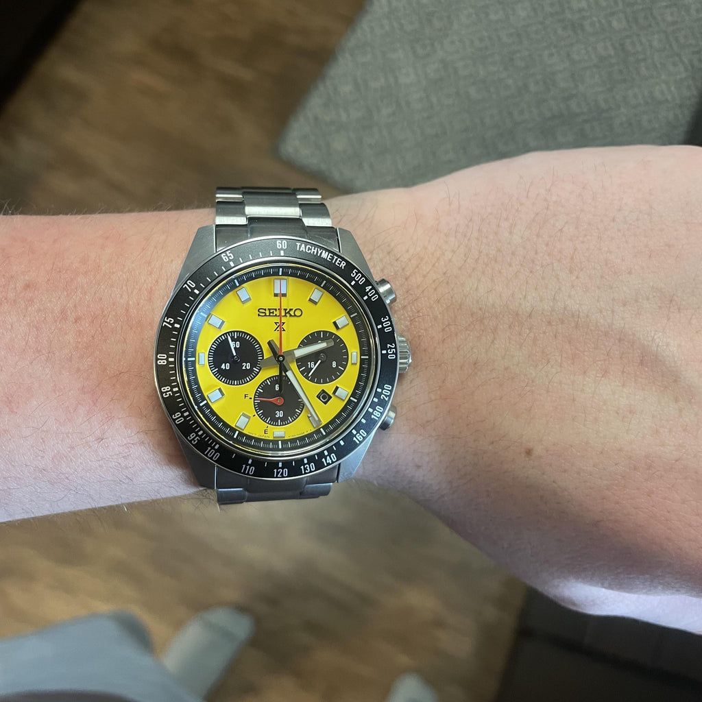 Seiko Prospex Speedtimer Solar Chronograph Yellow Dial Silver Steel Strap Watch for Men - SSC929