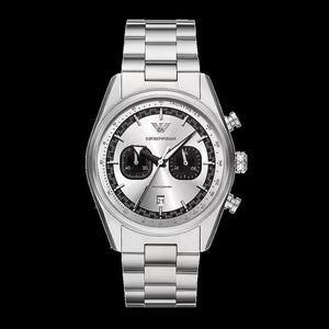 Emporio Armani Racer Chronograph Silver Dial Silver Steel Strap Watch for Men - AR11636