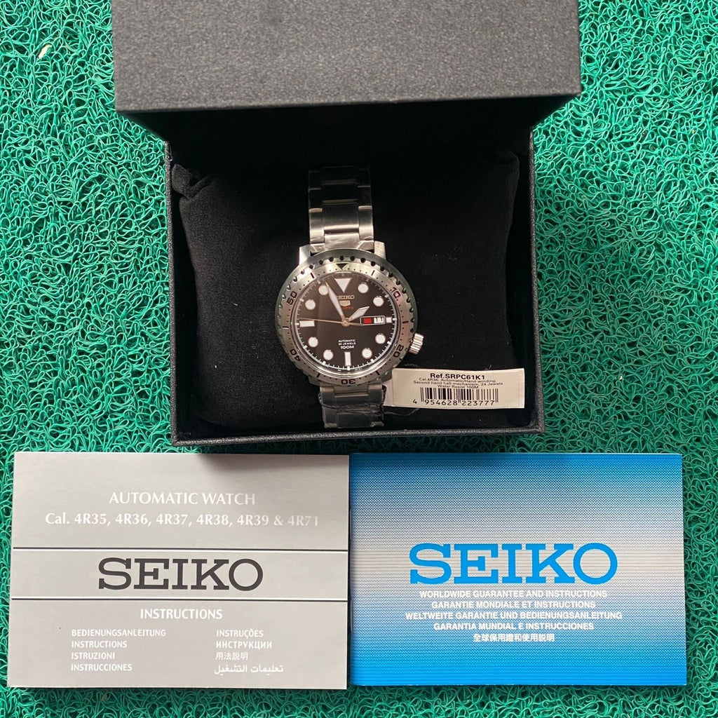 Seiko 5 Sports Automatic Black Dial Silver Steel Strap Watch for Men - SRPC61J1